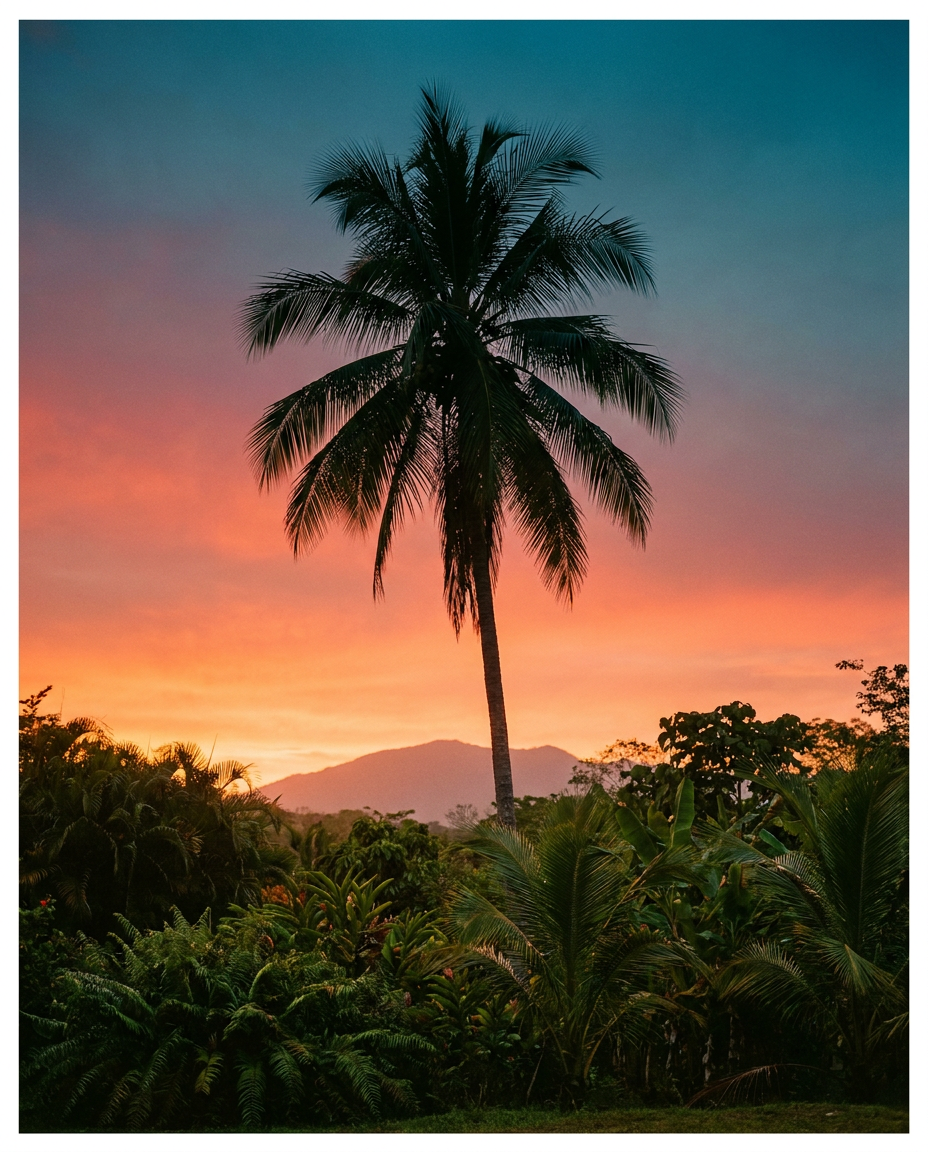 Palmera al atardecer en la Zona Azul de Nicoya, Costa Rica